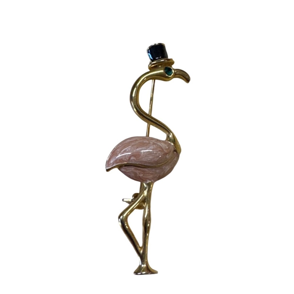 Vintage Gold Tone Pink Enamel Flamingo Brooch Pin with Top Hat Green Eye 3 Inch